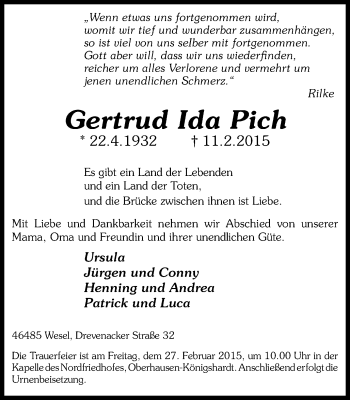 Traueranzeige von Gertrud Ida Pich von WVW Anzeigenblätter