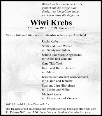 Traueranzeige von Wiwi Krebs von Stadtanzeiger Emmerich/Rees/Isselburg