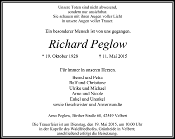 Traueranzeige von Richard Peglow von Stadtanzeiger Velbert + Heiligenhaus