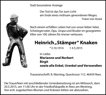 Traueranzeige von Heinrich Knaken von Stadtanzeiger Emmerich/Rees/Isselburg