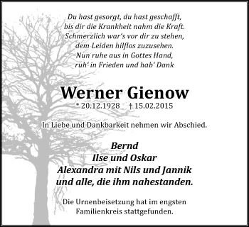 Traueranzeige von Werner Gienow von Wochen-Anzeiger Oberhausen