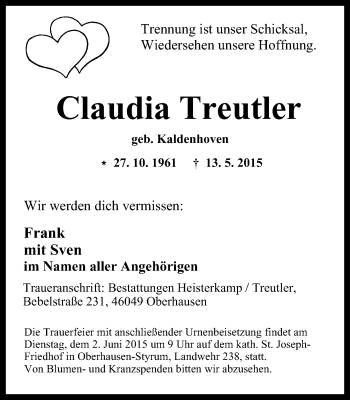 Traueranzeige von Claudia Treutler von Wochen-Anzeiger Oberhausen