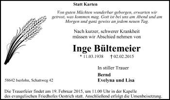 Traueranzeige von Inge Bültemeier von Stadtspiegel Iserlohn + Hemer