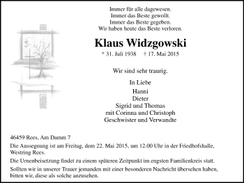 Traueranzeige von Klaus Widzgowski von Stadtanzeiger Emmerich/Rees/Isselburg