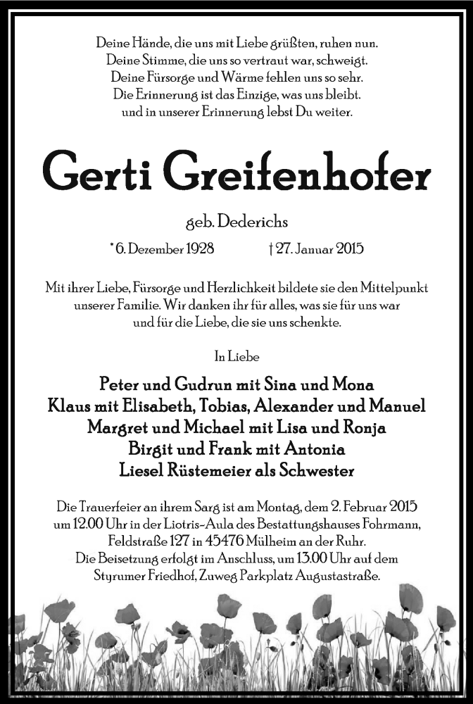  Traueranzeige für Gerti Greifenhofer vom 31.01.2015 aus Mülheimer Woche