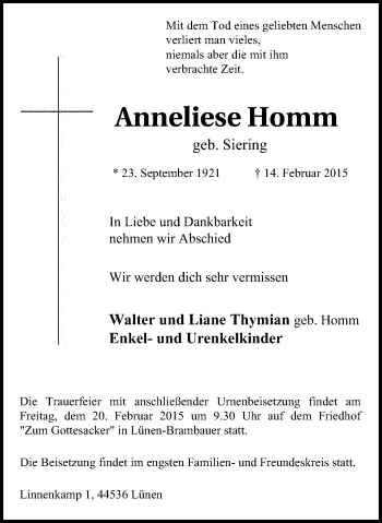 Traueranzeige von Anneliese Homm von Lüner Anzeiger