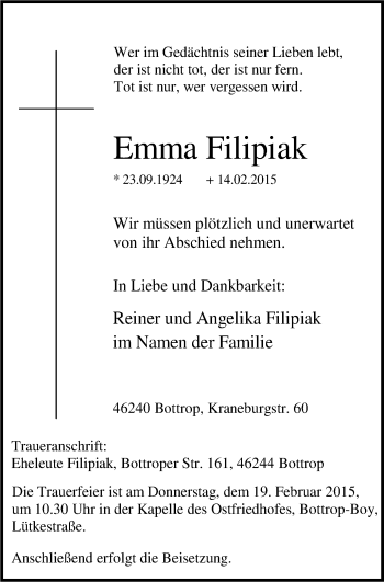 Traueranzeige von Emma Filipiak von Stadtspiegel Bottrop