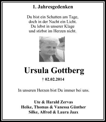 Traueranzeige von Ursula Gottberg von Stadtanzeiger Velbert + Heiligenhaus