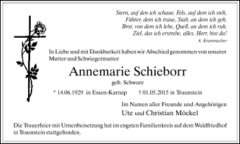 Traueranzeige von Annemarie Schieborr von Stadtspiegel Gladbeck