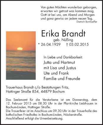 Traueranzeige von Erika Brandt von Steeler Kurier