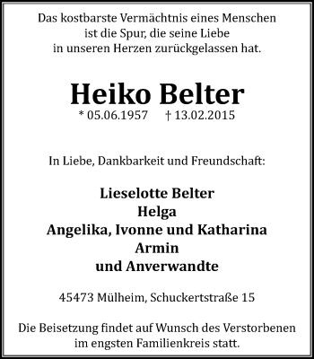 Traueranzeige von Heiko Belter von WVW Anzeigenblätter