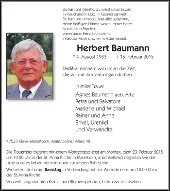 Traueranzeige von Herbert Baumann von Klever Wochenblatt