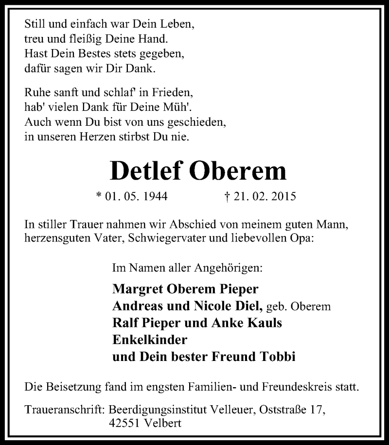  Traueranzeige für Detlef Oberem vom 04.03.2015 aus Stadtanzeiger Velbert + Heiligenhaus