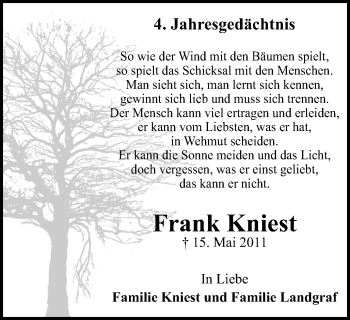 Traueranzeige von Frank Kniest von Wochen-Anzeiger Oberhausen