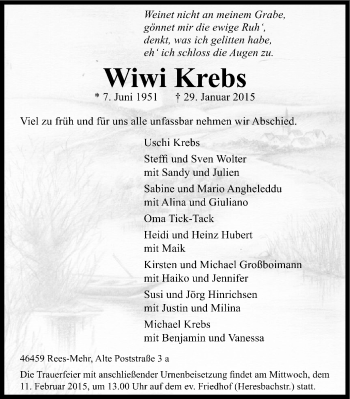 Traueranzeige von Wiwi Krebs von Mülheimer Woche