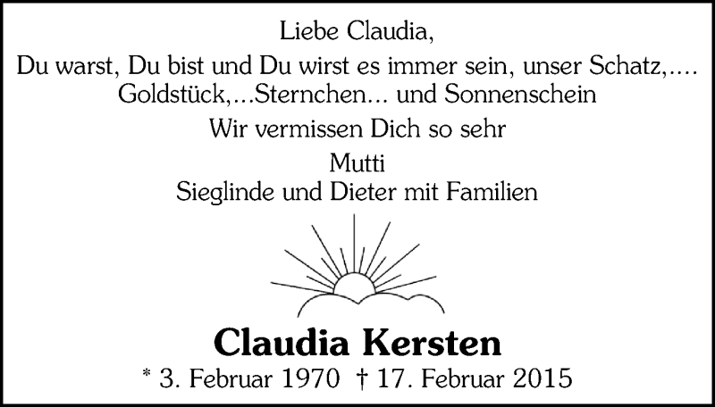  Traueranzeige für Claudia Kersten vom 04.04.2015 aus Gocher Wochenblatt