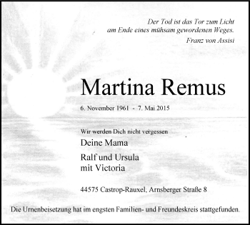 Traueranzeige von Martina Remus von WVW Anzeigenblätter