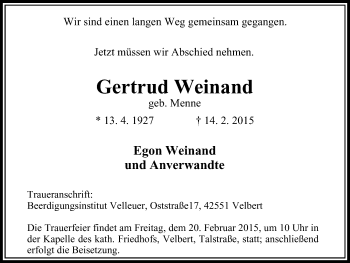 Traueranzeige von Gertrud Weinand von Stadtanzeiger Velbert + Heiligenhaus