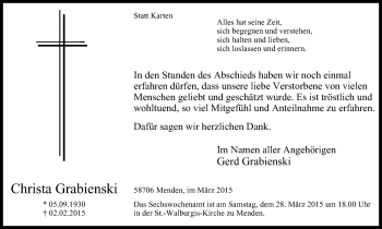 Traueranzeige von Christa Grabienski von Stadtspiegel Menden + Froendenberg