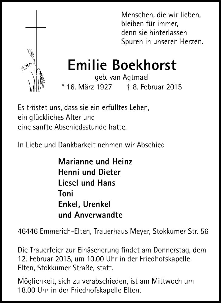  Traueranzeige für Emilie Boekhorst vom 11.02.2015 aus Stadtanzeiger Emmerich/Rees/Isselburg