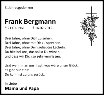 Traueranzeige von Frank Bergmann von WVW Anzeigenblätter