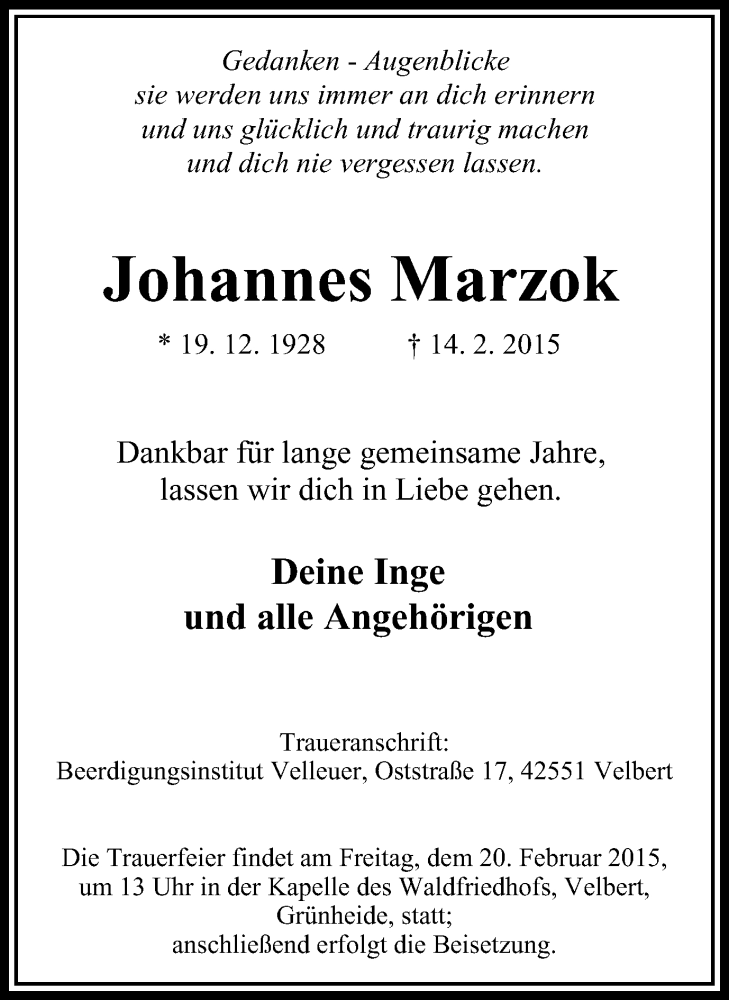  Traueranzeige für Johannes Marzok vom 18.02.2015 aus Stadtanzeiger Velbert + Heiligenhaus