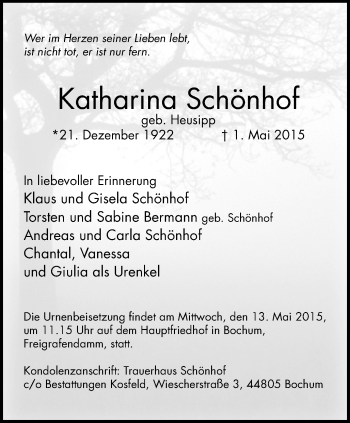 Traueranzeige von Katharina Schönhof von Stadtspiegel Bochum