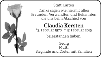Traueranzeige von Claudia Kersten von Gocher Wochenblatt