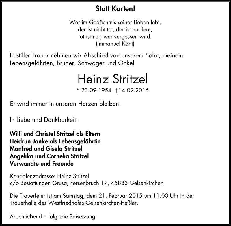  Traueranzeige für Heinz Stritzel vom 18.02.2015 aus Stadtspiegel Gelsenkirchen