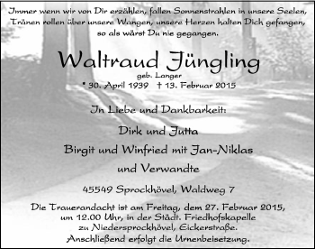 Traueranzeige von Waltraud Jüngling von WVW Anzeigenblätter