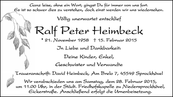 Traueranzeige von Ralf Peter Heimbeck von Stadtspiegel Hattingen/Niedersprockhövel