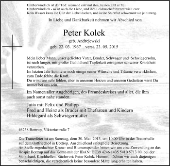 Traueranzeige von Peter Kolek von Stadtspiegel Bottrop
