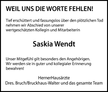 Traueranzeige von Saskia Wendt von WVW Anzeigenblätter