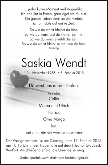 Traueranzeige von Saskia Wendt von WVW Anzeigenblätter