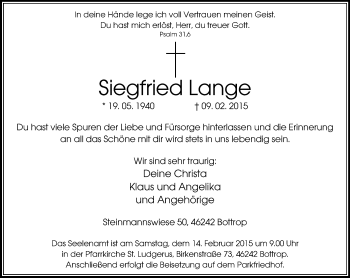 Traueranzeige von Siegfried Lange von Stadtspiegel Bottrop