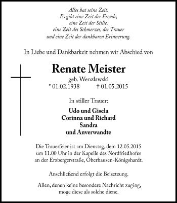 Traueranzeige von Renate Meister von Wochen-Anzeiger Oberhausen