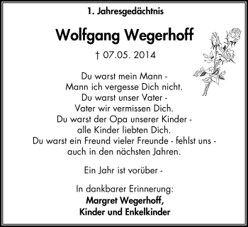 Traueranzeige von Wolfgang Wegerhoff von Mülheimer Woche