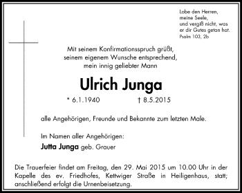 Traueranzeige von Ulrich Junga von WVW Anzeigenblätter