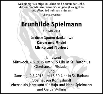 Traueranzeige von Brunhilde Spielmann von Wochen-Anzeiger Oberhausen