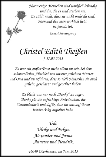 Traueranzeige von Christel Edith Theißen von Wochen-Anzeiger Oberhausen