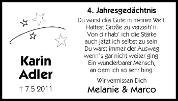 Traueranzeige von Karin Adler von Wochen-Anzeiger Oberhausen
