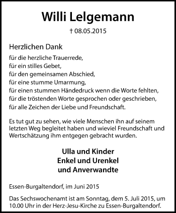 Traueranzeige von Willi Lelgemann von Ruhr Kurier