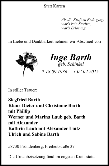 Traueranzeige von Inge Barth von Stadtspiegel Menden + Froendenberg