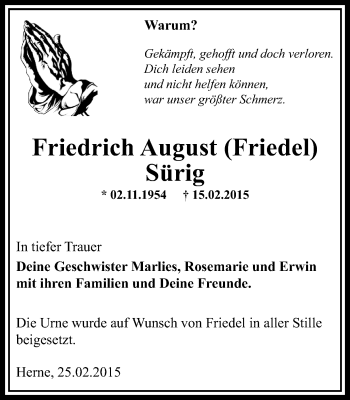 Traueranzeige von Friedrich August Sürig von Wochenblatt Herne/Wanne-Eickel