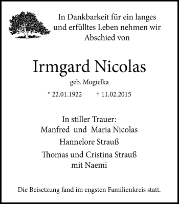 Traueranzeige von Irmgard Nicolas von Mülheimer Woche