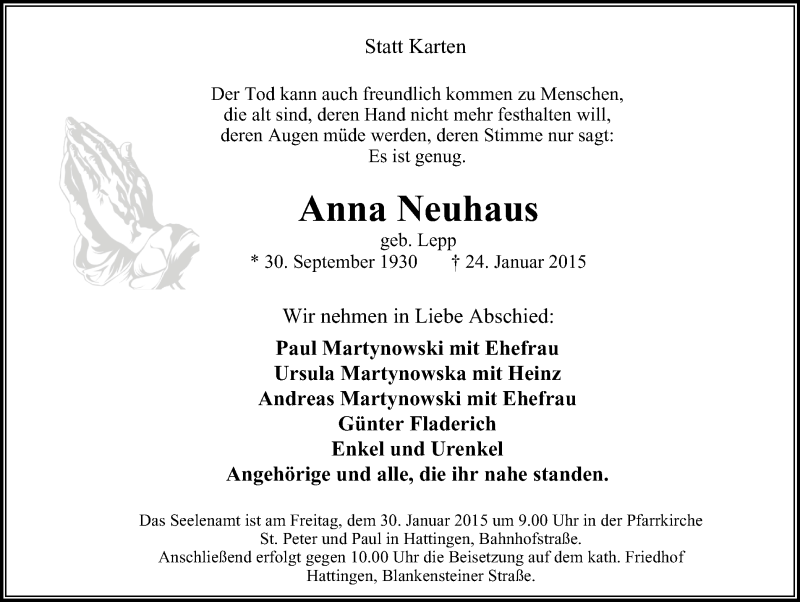  Traueranzeige für Anna Neuhaus vom 28.01.2015 aus Stadtspiegel Hattingen/Niedersprockhövel