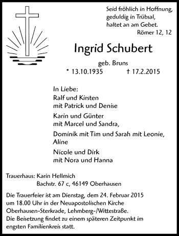 Traueranzeige von Ingrid Schubert von WVW Anzeigenblätter