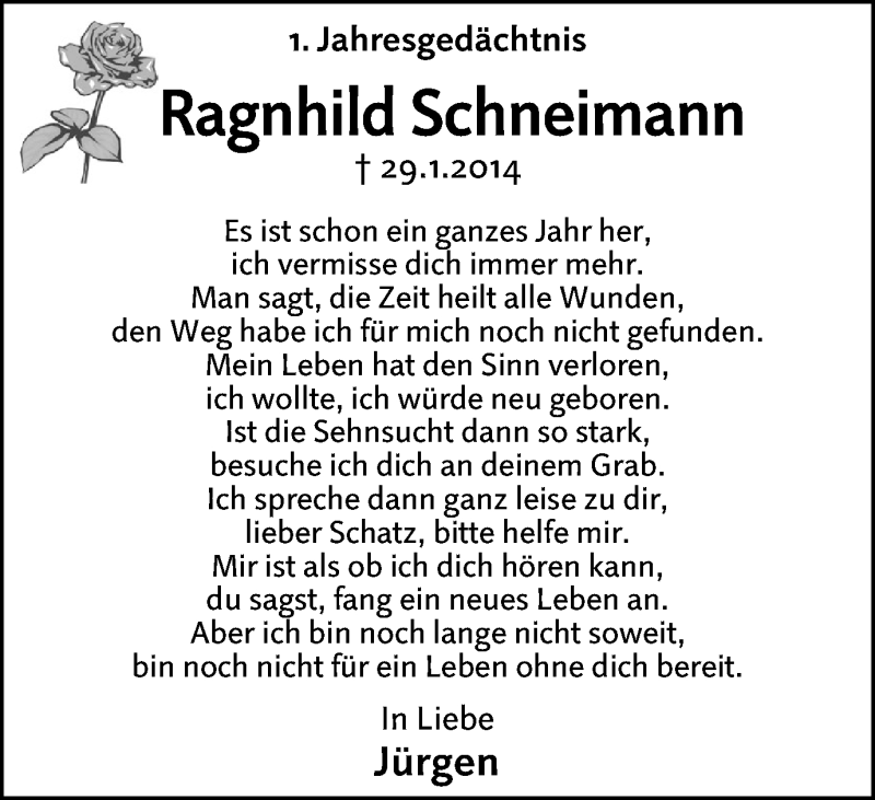  Traueranzeige für Ragnhild Schneimann vom 31.01.2015 aus Wochen-Anzeiger Oberhausen