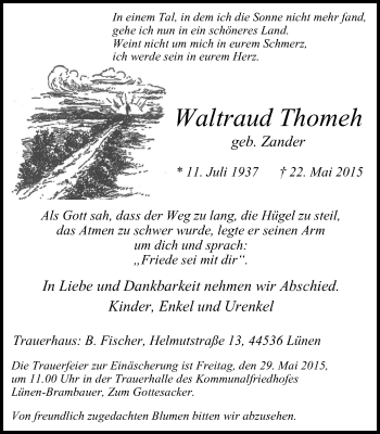 Traueranzeige von Waltraud Thomeh von Lüner Anzeiger