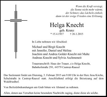 Traueranzeige von Helga Knecht von Stadtanz.Castrop-Rauxel